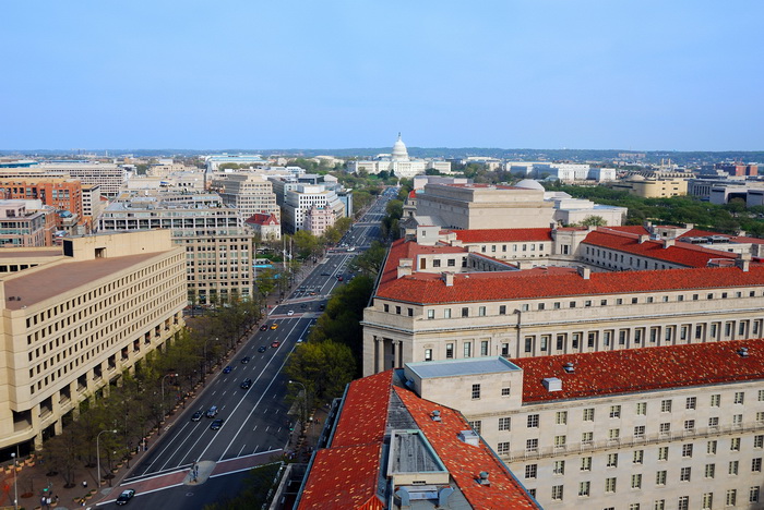Washington DC skyline with government buildings and capitol hill on Pennsylvania Avenue.